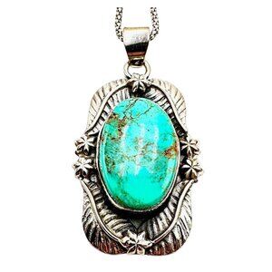 Blue Turquoise Brown Matrix 925 Sterling Silver Pendant 16" Necklace 30 Grams